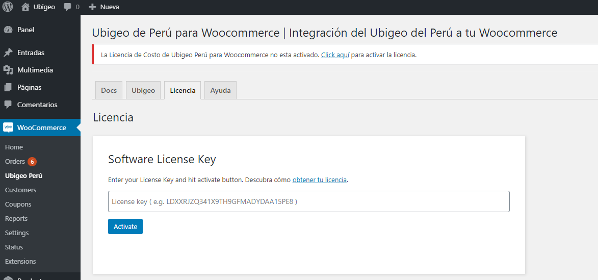 licencia activar WordPress - Docs Costo de Envío de Ubigeo de Perú para WooCommerce